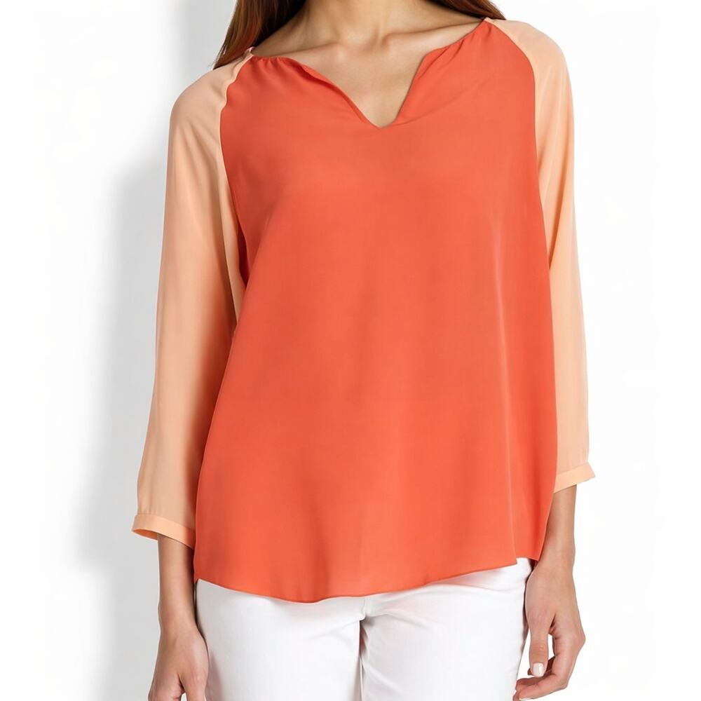 Eileen Fisher Silk Crepe Georgette Blouse Top Red Lory Papaya Orange Women's L